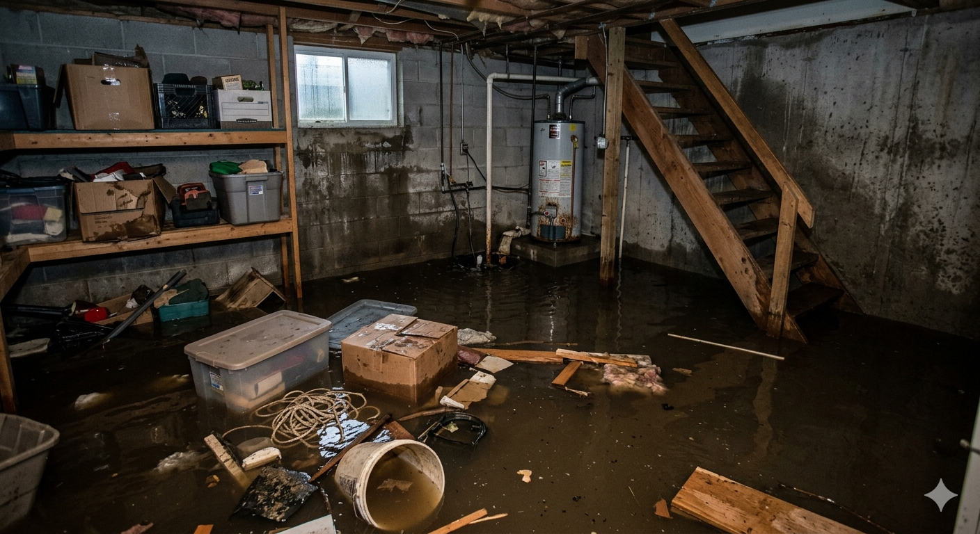 Flooded Bellingham basement before restoration