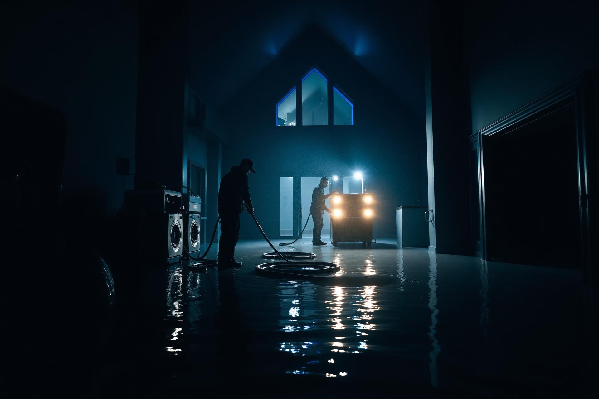 Water damage restoration crew responding to flooded Bellingham home at night